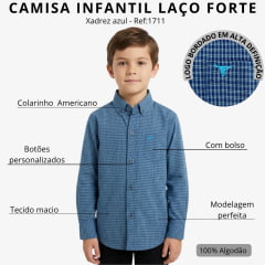 Camisa Infantil Laço Forte Manga Longa Xadrez Azul Logo Azul Ref:1711
