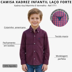 Camisa Infantil Laço Forte Manga Longa Xadrez Azul Marinho E Vermelho Bordado Azul Marinho Ref:1711