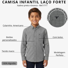 Camisa Infantil Laço Forte Manga Longa Xadrez Preto E Branco Logo Preto Ref:1711