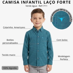 Camisa Infantil Laço Forte Manga Longa Xadrez Verde Água Logo Azul Claro Ref:1711