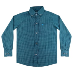 Camisa Infantil Laço Forte Manga Longa Xadrez Verde Água Logo Azul Claro Ref:1711