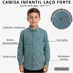 Camisa Infantil Laço Forte Manga Longa Xadrez Verde Àgua Logo Preto Ref:1711