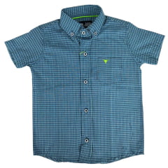 Camisa Infantil Laço Forte Xadrez Azul Claro Manga Curta Com Logo Verde Neon Ref:1710