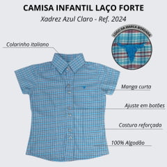 Camisa Infantil Laço Forte Xadrez Azul Claro/Vermelho Manga Curta Logo Azul Ref: 2024