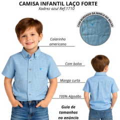 Camisa Infantil Laço Forte Xadrez Azul Com Logo Azul Manga Curta Ref:1710