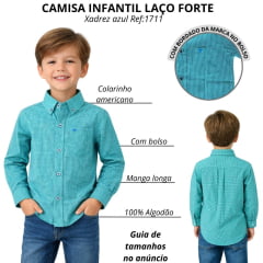 Camisa Infantil Laço Forte Xadrez Azul Com Logo Azul Manga Longa Ref:1711