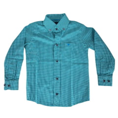 Camisa Infantil Laço Forte Xadrez Azul Com Logo Azul Manga Longa Ref:1711