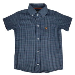 Camisa Infantil Laço Forte Xadrez Azul Escuro Manga Curta Com Logo Laranja Neon Ref:1710