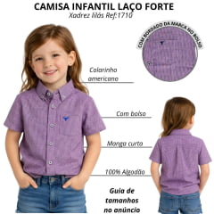 Camisa Infantil Laço Forte Xadrez Lilás Com Logo Azul Manga Curta Ref:1710
