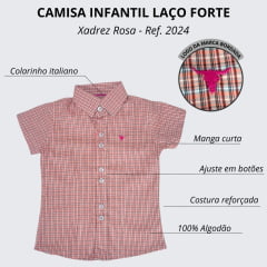 Camisa Infantil Laço Forte Xadrez Logo Rosa Manga Curta Ref: 2024