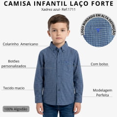 Camisa Infantil Laço Forte Xadrez  Manga Longa Azul Com Logo Bordado No Mesmo Tom - Ref:1711