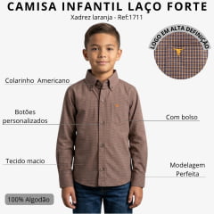 Camisa Infantil Laço Forte Xadrez Manga Longa Laranja Logo Bordado Ref:1711