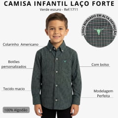 Camisa Infantil Laço Forte Xadrez Manga Longa Verde Escuro Logo Verde Claro Ref:1711
