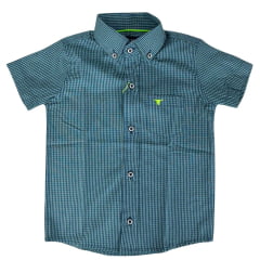 Camisa Infantil Laço Forte Xadrez Verde Azul Com Logo Verde Limão Manga Curta Ref:1710