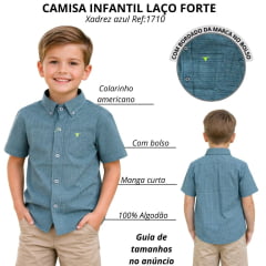Camisa Infantil Laço Forte Xadrez Verde Azul Com Logo Verde Limão Manga Curta Ref:1710