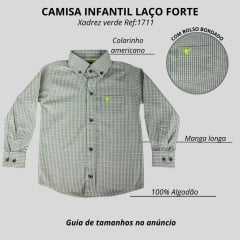 Camisa Infantil Laço Forte Xadrez Verde Claro Manga Longa Com Logo Verde Neon Ref:1711