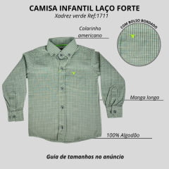 Camisa Infantil Laço Forte Xadrez Verde Claro Manga Longa Com Logo Verde Neon Ref:1711