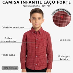 Camisa Infantil Laço Forte Xadrez Vermelho Logo Bordado Ref:1711