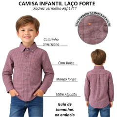 Camisa Infantil Laço Forte Xadrez Vermelho Com Logo Laranja Manga Longa Ref:1711