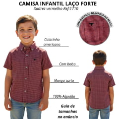 Camisa Infantil Laço Forte Xadrez Vermelho Com Logo Preto Manga Curta Ref:1710