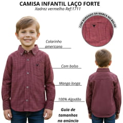 Camisa Infantil Laço Forte Xadrez Vermelho Com Logo Preto Manga Longa Ref:1711