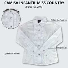 Camisa Infantil Miss Country Branca Manga Longa Com Bordado Em Strass Ref:2040