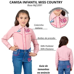 Camisa Infantil Miss Country Little Lucky Rosa Pink Manga Longa Com Bordado E Brilho Na Lapela Ref:002091
