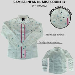 Camisa Infantil Miss Country Off (Crú) Bubble Manga Longa Com Bordado Colorido Em Strass Ref:2032