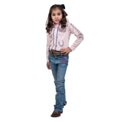 Camisa Infantil Miss Country Rosa Bebê Manga Longa Cowgirl com Brilho Em Formato De Chapéu E Trevo Ref:2047