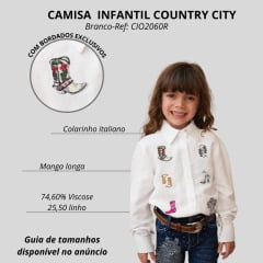 Camisa Infantil Olivia Country City Branca Manga Longa Com Bordado De Várias Botas Ref: CIO2060R