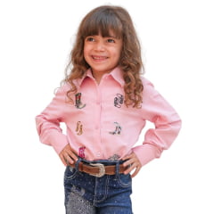 Camisa Infantil Olivia Country City Rosa Manga Longa Com Bordado De Várias Botas Ref: CIO2060R