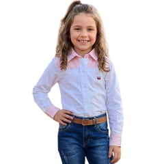 Camisa Infantil Os Vaqueiros Feminina Kids/Teen Manga Longa Oxfordine Branco E Rosa REF:V26-25003