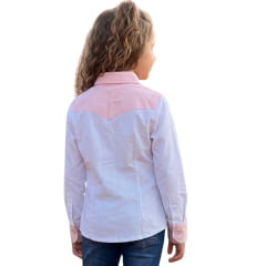Camisa Infantil Os Vaqueiros Feminina Kids/Teen Manga Longa Oxfordine Branco E Rosa REF:V26-25003
