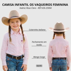 Camisa Infantil Os Vaqueiros Feminina Kids/Teen Manga Longa Xadrez Rosa Claro REF:V26-25004