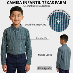 Camisa Infantil Texas Farm Manga Longa Xadrez Azul Vermelho Bordado Branco Ref:CALMINI002/CALTEEN002