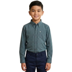 Camisa Infantil Texas Farm Manga Longa Xadrez Azul Vermelho Bordado Branco Ref:CALMINI002/CALTEEN002