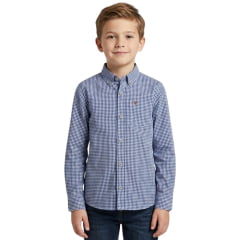 Camisa Infantil Texas Farm Manga Longa Xadrez Azul Royal Branco Logo Dourado Ref:CALMINI010/CALTEEN010