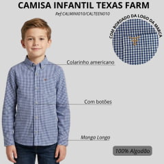 Camisa Infantil Texas Farm Manga Longa Xadrez Azul Royal Branco Logo Dourado Ref:CALMINI010/CALTEEN010