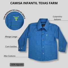 Camisa Infantil Texas Farm Manga Longa Xadrez Azul Royal/Verde Com Logo Amarelo Neon Ref.CAL124