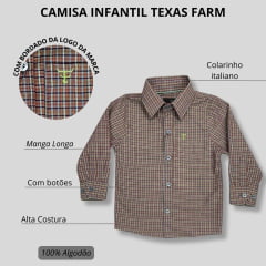 Camisa Infantil Texas Farm Manga Longa Xadrez Roxo/Laranja Com Logo Verde Limão Ref.CAL123