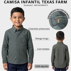 Camisa Infantil Texas Farm Mini Manga Longa Xadrez Verde/Azul Ref:CACMINI013