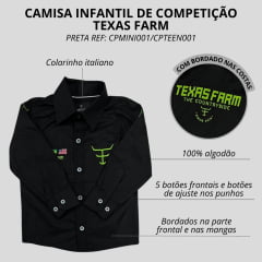 Camisa Infantil Texas Farm Preta De Competição Manga Longa Com Bordados Em Verde Limão - CPMINI001/CPTEEN001