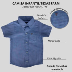Camisa Infantil Texas Farm Xadrez Pequeno Azul Manga Curta Com Logo Marrom Ref:CAC118