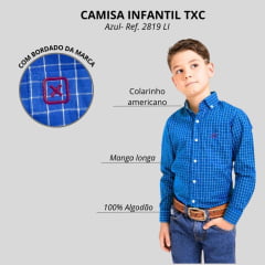 Camisa Infantil Txc Custom Manga Longa Xadrez Azul E Branco Bordada Logo Vermelho Ref:2819LI