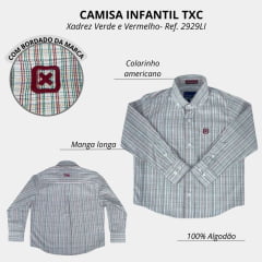 Camisa Infantil TXC Custom Manga Longa Xadrez Verde/Vermelha C/Logo Bordado Vermelho. Ref: 2929LI