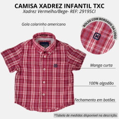 Camisa Infantil TXC Manga Curta Regular Custom Xadrez Vermelho E Crú Com Logo Bordada Em Azul REF: 29195CI