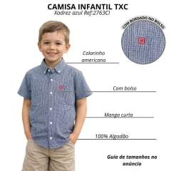 Camisa Infantil TXC Manga Curta Regular Tricoline Xadrez Marinho E Branco Logo Vermelho Ref:2763CI