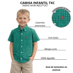 Camisa Infantil TXC Manga Curta Regular Tricoline Xadrez Verde Bordado Vermelho Ref:2712CI