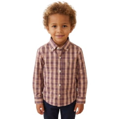 Camisa Infantil Txc Manga Longa Regular Tricoline Xadrez Ocre Bege Bordado Ref:29533LI