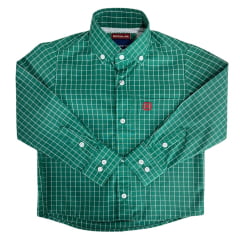 Camisa Infantil TXC Manga Longa Regular Tricoline Xadrez Verde Escuro e Branco Bordado Vermelho Ref:2718LI